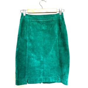 VINTAGE Suede Leather Skirt 90's Y2K Green Pencil Knee Length Size 8 Woven Waist